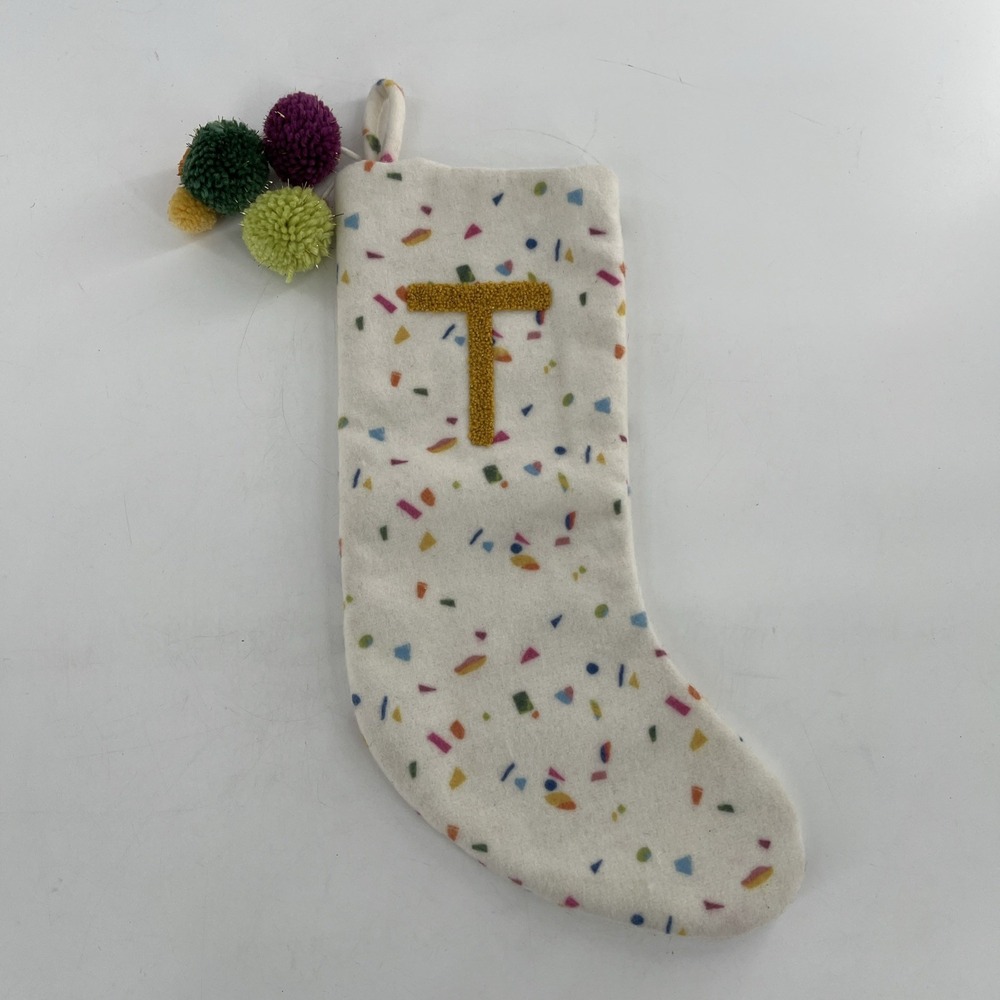 Opalhouse Target Christmas Stocking Monogram Initial Letter T Confetti Poms 20"